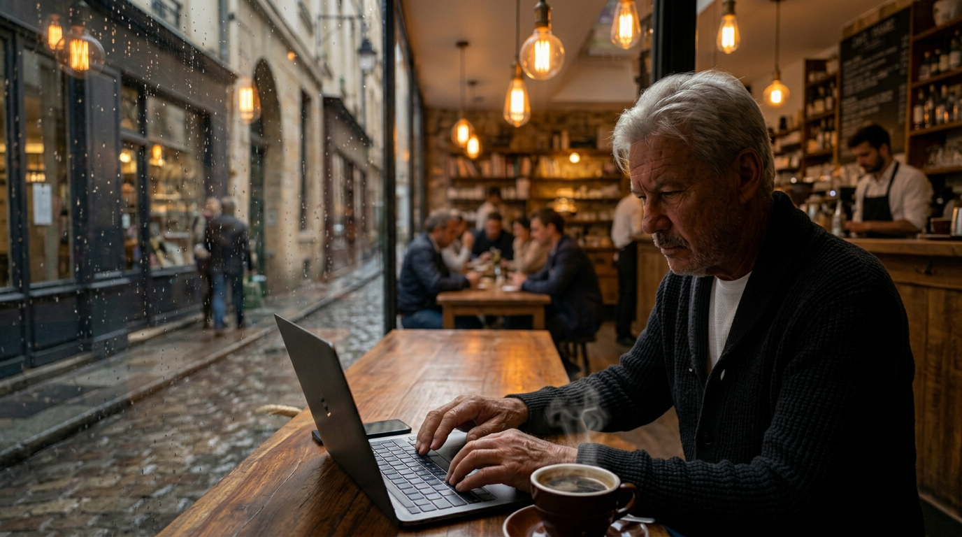 Eduardo Leguer trabajando en un café parisiense